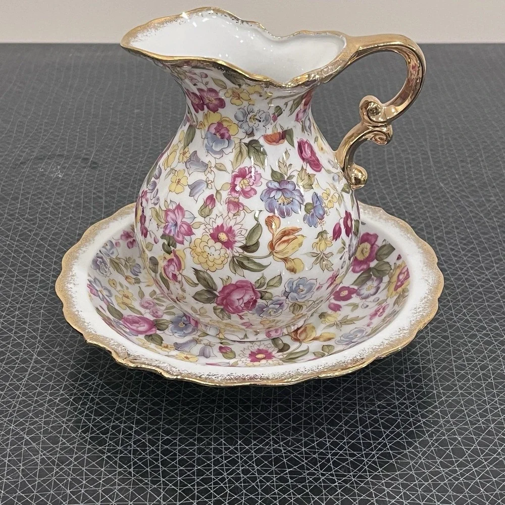 Lefton China Hand Painted Chintz Floral Pitcher.  51/2